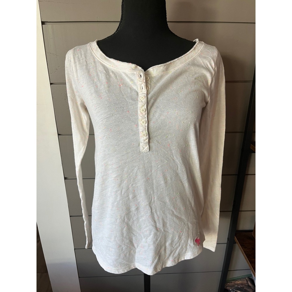 Abercrombie Fitch Y2K Long Sleeve Henley Shirt White with Speckled Colors S